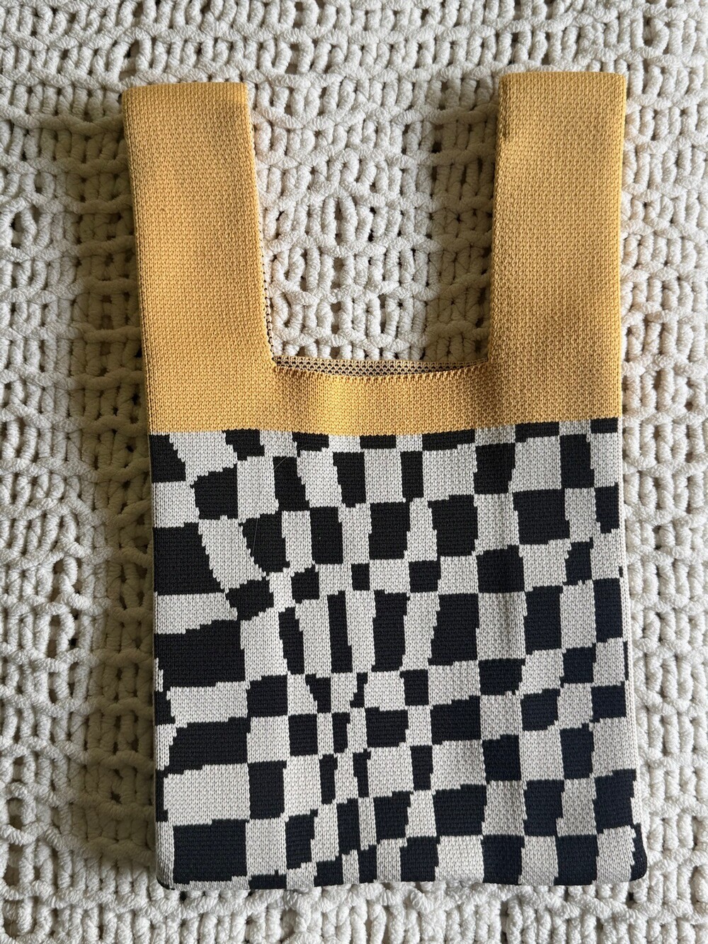Checkerboard Knit Tote Bag Black White with Mustard Yellow Handles